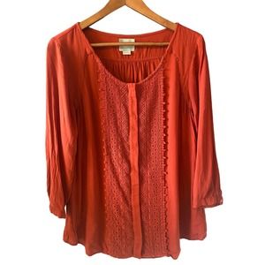 Maeve (Anthropologie) | Orange/Red Blouse w/Lace Detail | Size 8